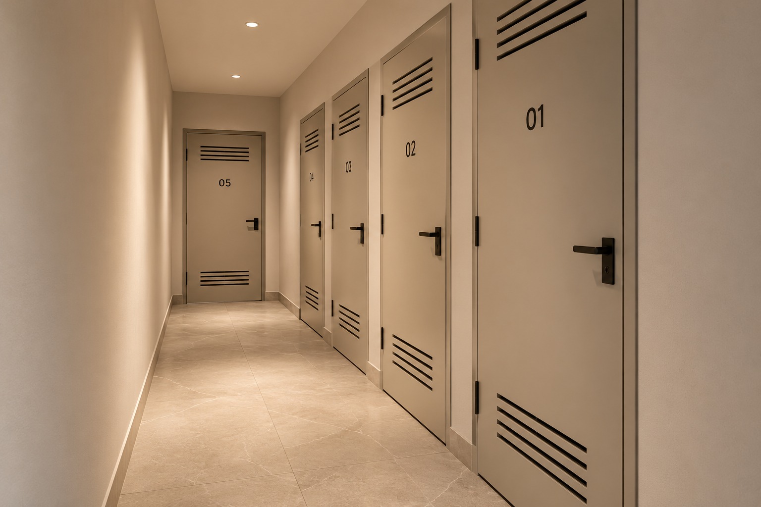 Pasillo de trasteros con puertas numeradas