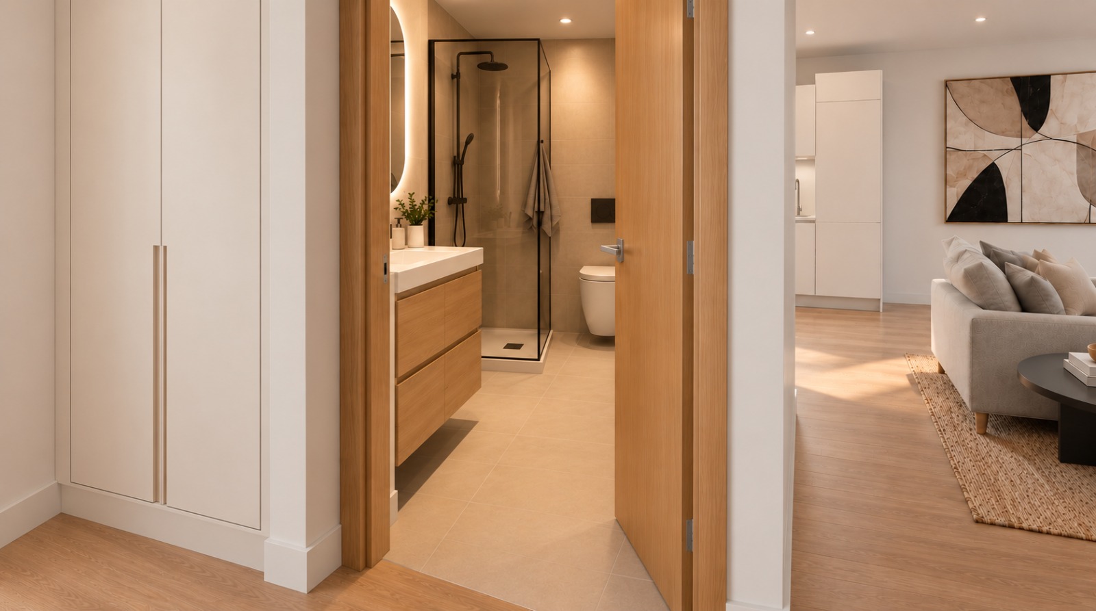 Entrada con armarios blancos y baño abierto con ducha y lavabo de madera