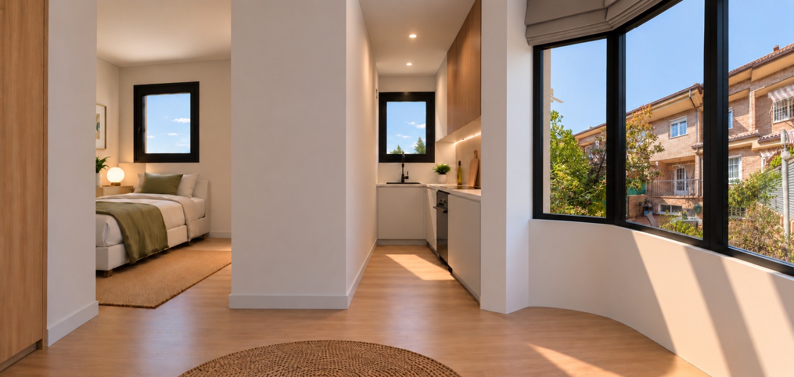 Dormitorio, cocina y mirador con suelo de madera