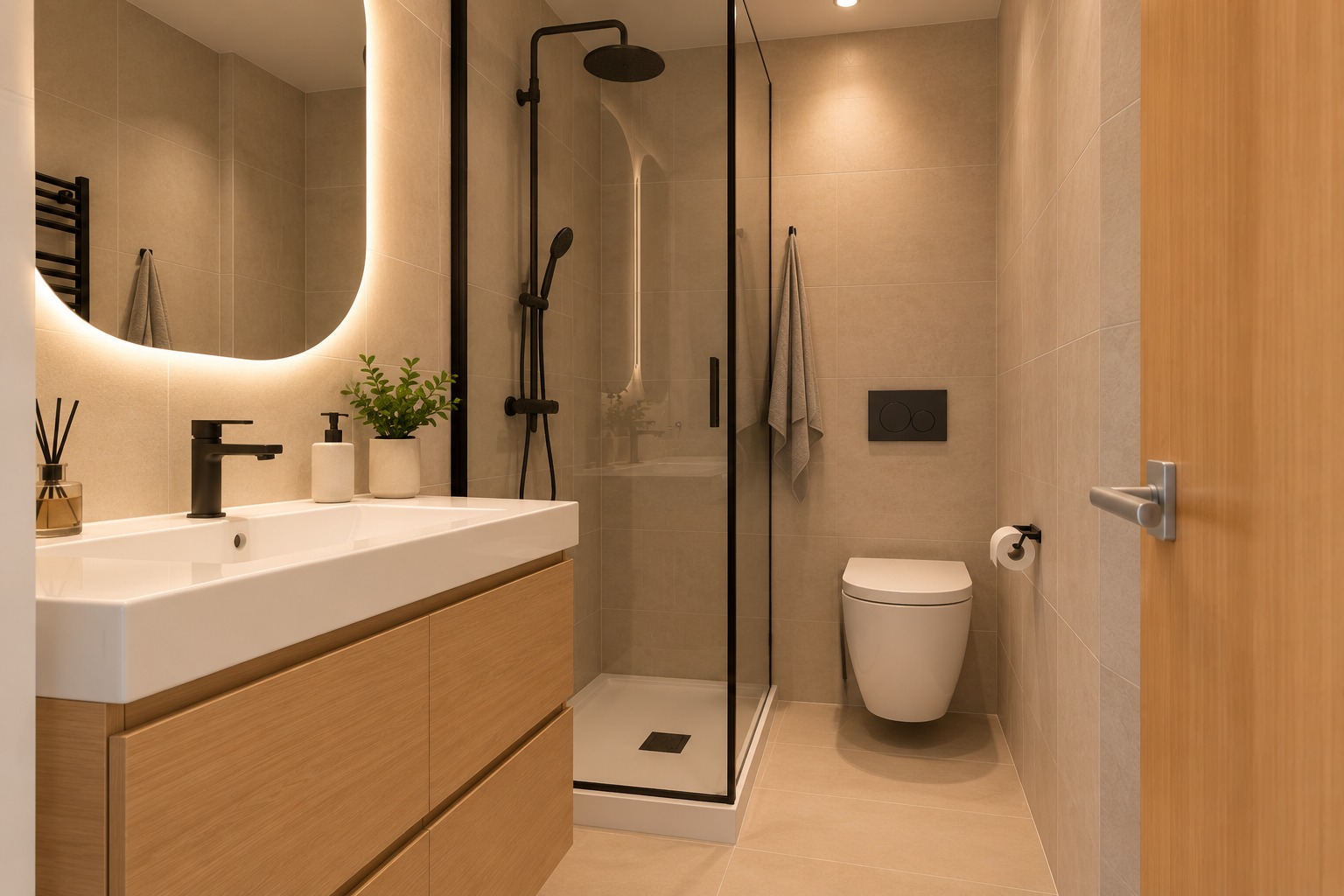 Interior del baño con ducha de cristal, lavabo de madera y wc suspendido
