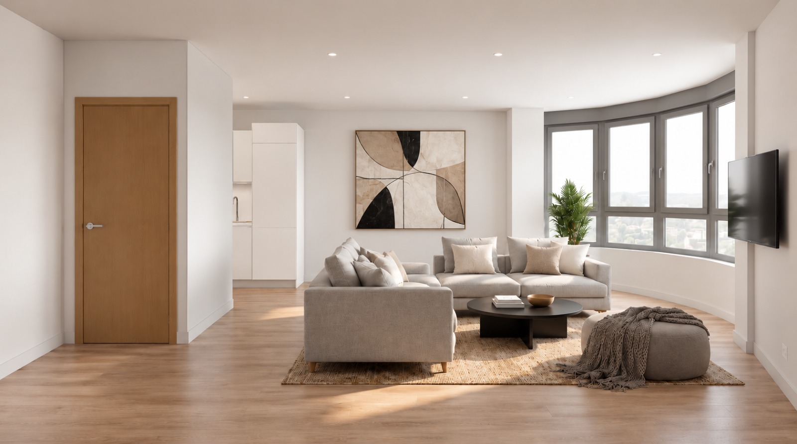 Salón con sofá gris, alfombra y mirador curvo con vistas